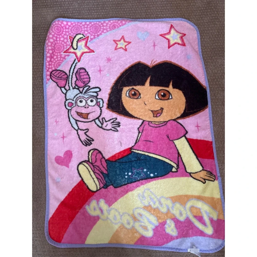 VTG Nickelodeon Dora the Explorer Boots Pink Fleece Throw Blanket Rainbow 42x30